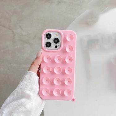 Imagem de Capa de celular em silicone macio com ventosa para iPhone 16 Pro Max, 17, 13, 14, 11, 12, 15 Pro Max Plus, antiderrapante, resistente a impactos, na cor rosa vibrante. Compatível com iPhone 17 Pro Ma