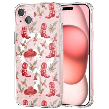 Imagem de CozyNestCY Capa magnética vermelha com chapéu de menina de Natal para iPhone 16 Pro Max, folhas de árvore de Natal, capa de telefone transparente compatível com mag seguro, sem fio, capa fina de