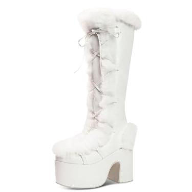 Imagem de IMPREMEY Botas de cano alto para mulheres, com zíper lateral punk gótico botas plataforma de sola grossa, Branco, 8.5