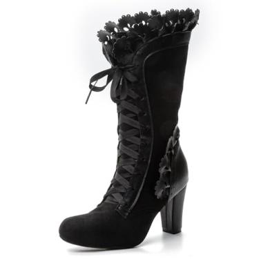 Imagem de Makmeoyw Botas vitorianas femininas vintage laço babados botas góticas fantasia botas retrô anos 70 Halloween Witch Stuff Botas de salto cubano cano médio botas, 412 Preto, 36
