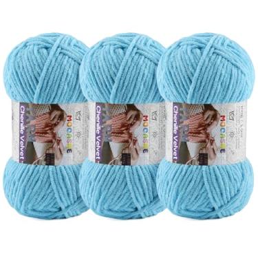Imagem de 3 fios grossos de 100 g para crochê e tricô – Fio super volumoso de chenille de pelúcia fácil de usar 393 m - Fio de veludo ultramacio para bebês para iniciantes e projetos amigurumi, azul