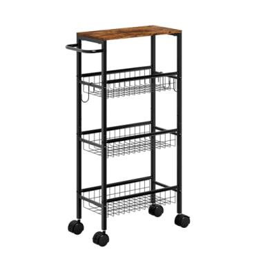 Imagem de Tujurich Carrinho de armazenamento fino com rodas que economiza espaço, carrinho organizador estreito de 4 camadas com tampo de madeira para cozinha, banheiro, lavanderia, espaços apertados, marrom