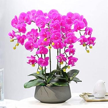 Imagem de LMJYU Orquídeas artificiais de flores clássicas, orquídeas artificiais em vasos artificiais com vaso Phalaenopsis artificiais, arranjos de plantas, flores artificiais