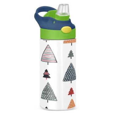 Imagem de WELLDAY Garrafa de água infantil de aço inoxidável com desenho de árvore de Natal com tampa de canudo - livre de BPA, copo isolado a vácuo de parede dupla, 350 ml