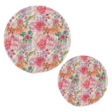 Imagem de Wassud Conjunto de trivet em aquarela floral para pratos quentes, suportes de panela redondos, almofadas quentes de algodão, porta-copos resistentes ao calor para decoração de cozinha, bancada, 2