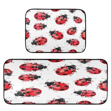 Imagem de Wassud Tapetes de cozinha vermelhos joaninhas para decoração de casa, tapetes de cozinha acolchoados, antifadiga, tapetes de cozinha, antiderrapante, lavável, itens essenciais, conjunto de 2