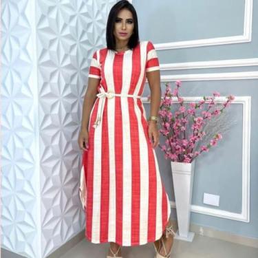 Imagem de Vestido Feminino Longo Listrado Fenda Lateral Único Veste 38 ao 48 Ver
