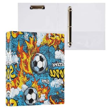 Imagem de Qilmy Organizador de fichário redondo de futebol com desenho de chama, fichário de 3 anéis com prancheta (carta A4), fichário fofo para material de escritório escolar 218