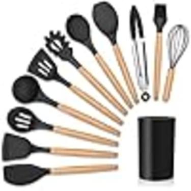 Imagem de Conjunto de Utensílios de Cozinha, 12 Peças, Silicone Preto com Cabo de Madeira, Inclui Suporte
