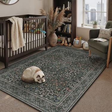 Imagem de HUGEAR Tapetes vintage florais laváveis 7,5 x 12,5 cm, preto e verde - estilo oriental neutro retrô, resistente a manchas, antiderrapante, para crianças e animais de estimação, para sala de estar