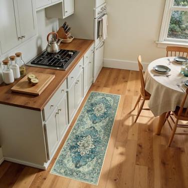 Imagem de RELEANY Tapetes de área 6 x 1,8 m lavável, antiderrapante, estampa floral, vintage, medalhão para sala de estar, quarto, sala de jantar, azul escuro vintage