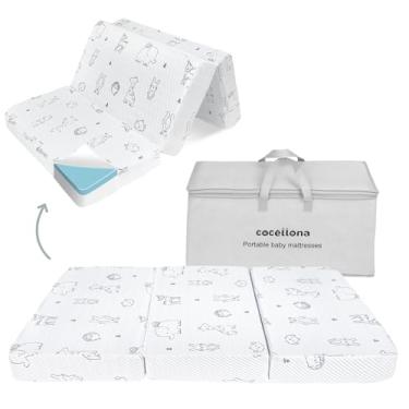 Imagem de Cocellona Colchão de três dobras, pacote com espuma viscoelástica de 96 x 66 cm, colchões com bolsa de viagem, colchão de bebê portátil dobrável para animais para cercadinho Pack n Play, capa
