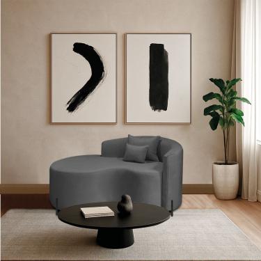 Imagem de Divã Recamier Curvo Sala De Estar Recepção Inglaterra 150cm Pés Metal Preto Lado Esquerdo Linho Cinza Escuro