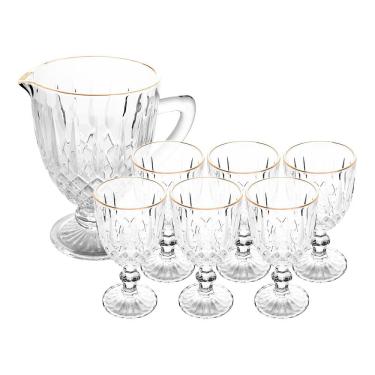 Imagem de Jogo Jarra 1l Greek Com 6 Taças De Vidro 345ml Fio De Ouro Borda Dourada água Suco Wolff