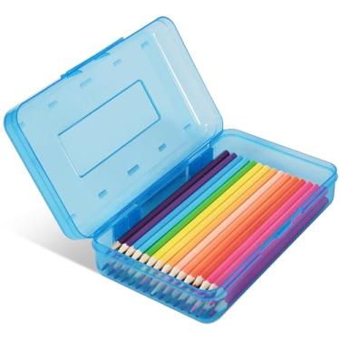 Imagem de DANRONG Caixa de lápis de plástico colorido, estojo de grande capacidade, caixas de lápis para crianças e adultos, caixa de armazenamento rígida de giz de cera com tampa de encaixe para materiais escolares de escritório (azul)