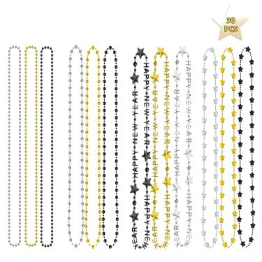 Imagem de YQUQWN 30 peças de decorações de colar de ano novo, ouro preto prata 2026 feliz ano novo colar com contas de estrela acessórios de festa joias de véspera de ano novo para lembrancinhas de festa 2026