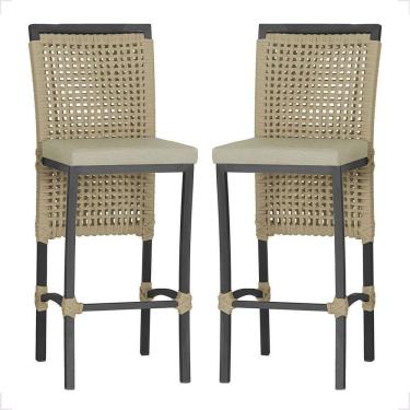 Imagem de 2 Banqueta Em Alumínio Roma Preta Corda Náutica Tecido 7 Rami