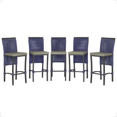 Imagem de 5 Banqueta Em Alumínio Roma Preta Corda Náutica Tecido 8 Azul