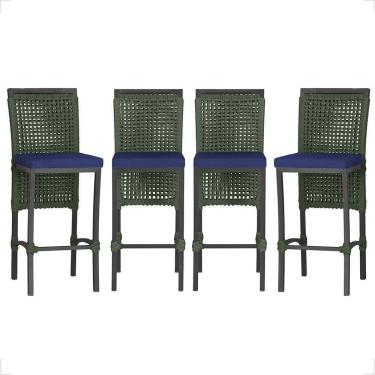 Imagem de 4 Banqueta Em Alumínio Roma Preta Corda Náutica Tecido 10 Verde