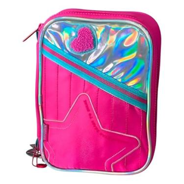 Imagem de Estojo Escolar Holográfico Box, Rosa Pink com Efeito Furta-Cor, 2 Compartimentos, 16x22cm, Capacidade 20 Lápis, Poliéster com Zíper