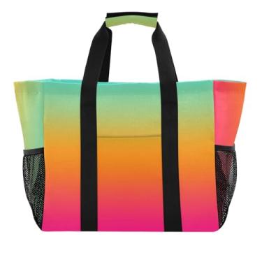 Imagem de Bolsa de praia feminina azul-petróleo laranja rosa gradiente, bolsa de praia resistente à água com alças abertas