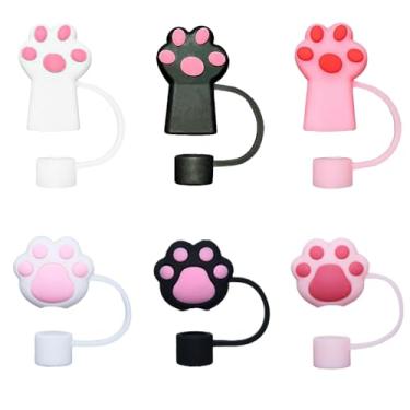 Imagem de 6 tampas de cobertura de canudo de gato para 30 copos de 1,134 g, 2 designs de tampas de palha de pata de gato 10 mm capas protetoras de canudos de silicone para copos acessórios