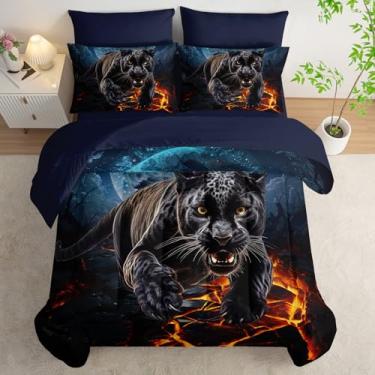 Imagem de AILONEN Conjunto de edredom casal Pantera Negra para crianças, meninos, 7 peças, cama de animal espacial azul marinho em uma bolsa para decoração de quarto, 1 edredom e lençol de cima, 2 fronhas e 2