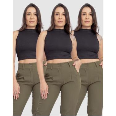 Imagem de Kit 3 Cropped Feminino Regata Canelado Gola Alta Elegante Básico Liso 