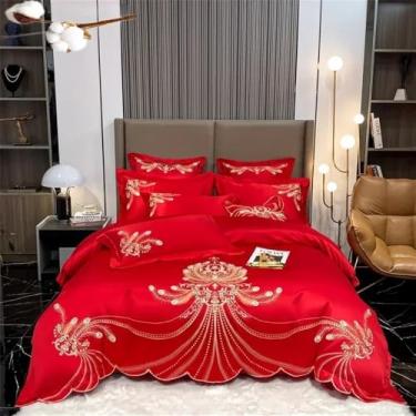 Imagem de Jogo de cama de algodão com bordado de penas douradas, capa de edredom dupla, lençóis e fronhas, vermelho, tamanho queen (4 peças).