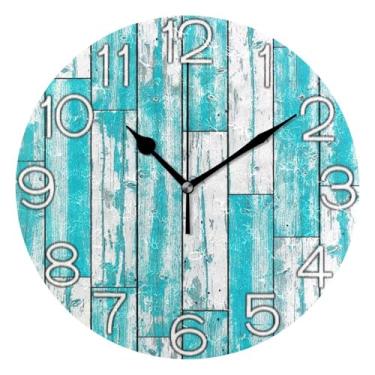 Imagem de Relógio de parede decorativo analógico para sala de aula, relógio de escritório, silencioso, decoração de sala de estar, arte moderna, tábuas de madeira pintadas a turquesa, 25 cm, ponteiros pretos