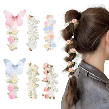 Imagem de Yitexin 6 peças de laços de cabelo espiral borboleta com miçangas, cordão de telefone rosa pérola laços de cabelo coloridos elásticos elásticos para tranças, rabo de cavalo para mulheres, meninas