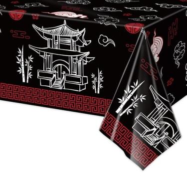Imagem de Toalha de mesa de plástico Hibachi de 3 peças de 137 x 272 cm – capas de mesa descartáveis de pagode preto e nuvem da sorte para festas de ano novo lunar, festival da primavera, eventos temáticos de