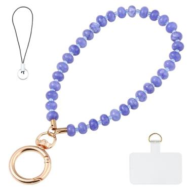 Imagem de Yeeyeow Cordão de pulso de telefone com contas de ágata azul, pingente de pedra natural, chaveiro de amuleto de pedra preciosa feito à mão para mulheres, chaveiro mãos livres, alça de pulso