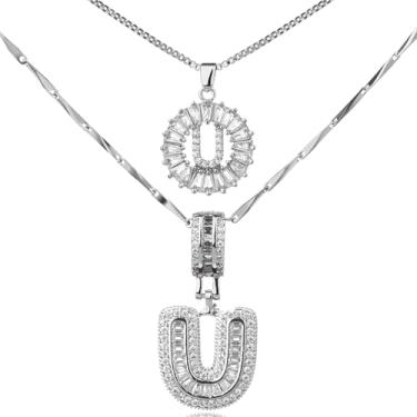 Imagem de MINDEKA Pacote com 2 colares femininos com inicial de zircônia cúbica banhada a ouro 14K, joias delicadas com inicial inicial para mulheres, colar com pingente de alfabeto A-Z personalizado, 18"+2