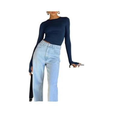 Imagem de Camiseta Cropped Feminina De Manga Longa Com Decote Redondo E Abertura