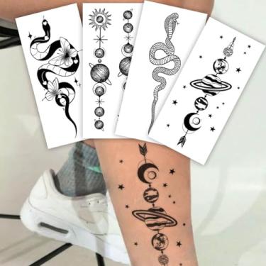 Imagem de 4 peças Black Planet Star Moon Snake Party Gift Minimalista Tatuagens Dia dos Namorados, presentes de carnaval, braço, ombro, clavícula, abdômen, perna, traseira, temporária, impermeável, adesivos de