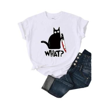 Imagem de Camiseta Feminina De Verão Com Estampa De Gato Preto, Manga Curta, Mod