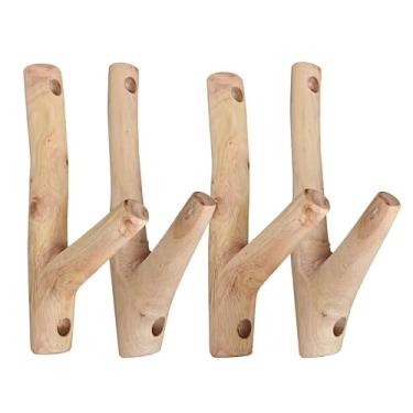 Imagem de JINYOND Conjunto de 4 ganchos de parede de madeira real descascados à mão com acabamento em cera de abelha vermelha para instalação de perfuração