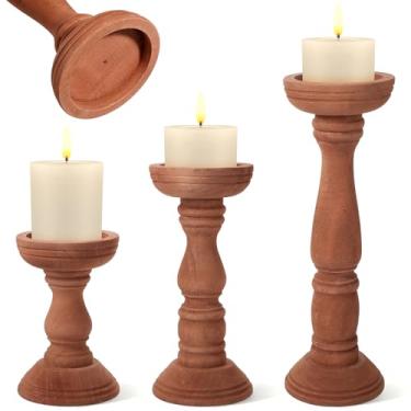Imagem de Suporte de vela de pilar de madeira: 3 peças de castiçais decorativos de fazenda, castiçais de madeira para lareira manto prateleira mesa decoração de casa 15.2 cm/23 cm/30.5 cm