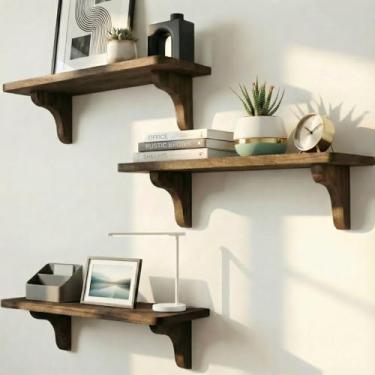 Imagem de Prateleiras de madeira real montadas na parede Prateleiras de madeira rústica com suportes - 43 cm (pacote com 3) - Fácil de instalar, modelo e vídeo incluídos - Prateleiras largas marrons para parede