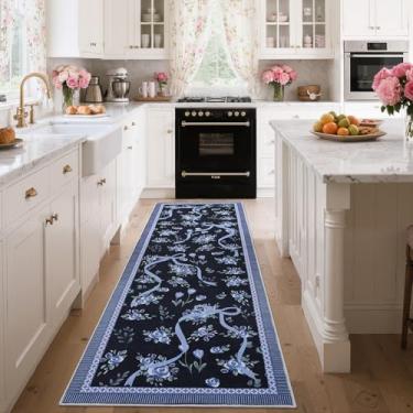 Imagem de GarveeHome Corredores para corredores antiderrapantes, 6 x 20 cm, tapete floral azul para quarto de meninas, tapete macio lavável para quarto de bebê, entrada de dormitório