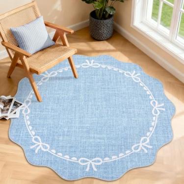 Imagem de GarveeHome Tapete de laço recortado para sala de estar, tapetes redondos de 1,2 m, lavável, tapete azul sólido para dormitório, macio, de pelo baixo, antiderrapante, para decoração de quarto de bebê