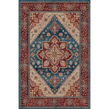 Imagem de Tangsoo Tapete vintage vermelho azul 20 x 25 lavável para entrada, antiderrapante, pequeno, azul escuro laranja tapete para porta da frente interna