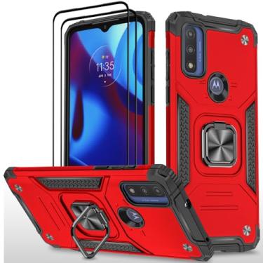 Imagem de HONG-AMY Capa para Moto G Play 2023 com 2 peças de protetor de tela de vidro temperado, grau militar duplo à prova de choque com suporte, capa vermelha