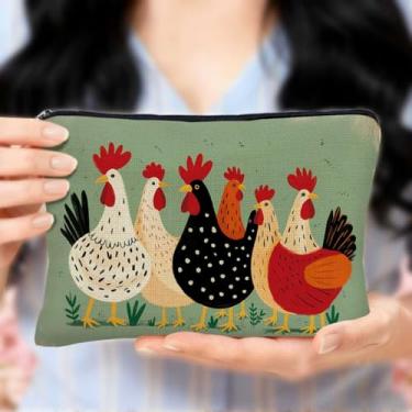 Imagem de Organizador de viagem portátil com design rústico de galinha, bolsa de maquiagem pequena para mulheres, estojo portátil de higiene pessoal, bolsa de cosméticos bolsa de moedas com zíper, armazenamento