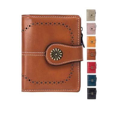 Imagem de Carteira feminina dobrável de couro com bloqueio de RFID, porta-cartões compacta com bolso para moedas com zíper, Marrom, Carteira feminina de couro