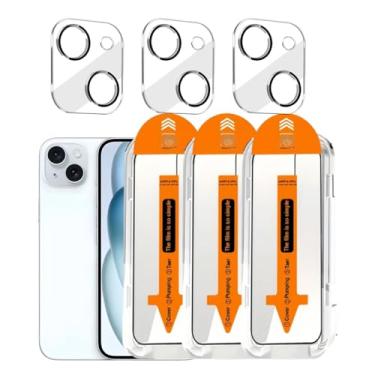 Imagem de Pacote com 3 + 3 protetores de tela para iPhone 15 Plus de 6,7 polegadas de vidro temperado com protetor de lente de câmera, kit de instalação premium mais fácil, sem bolhas, compatível com capas