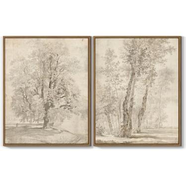 Imagem de QTESPEII Conjunto de arte de parede de árvore de floresta vintage neutra com 2 impressões de pintura de esboço de árvores antigas natureza paisagem decoração de parede para casa de fazenda, sala de