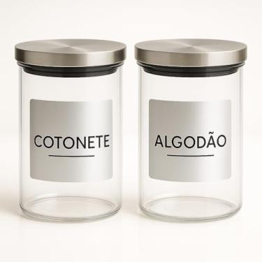 Imagem de Kit Pote Hermético Com Tampa De Inox Para Cotonete E Algodão 450ml 15cm x 6,5cm Vidro Transparente 2 Peças