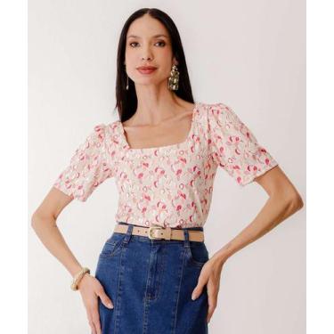 Imagem de Blusa Feminina Estampa Folhas Manga Curta Marisa-10064, Bege, M